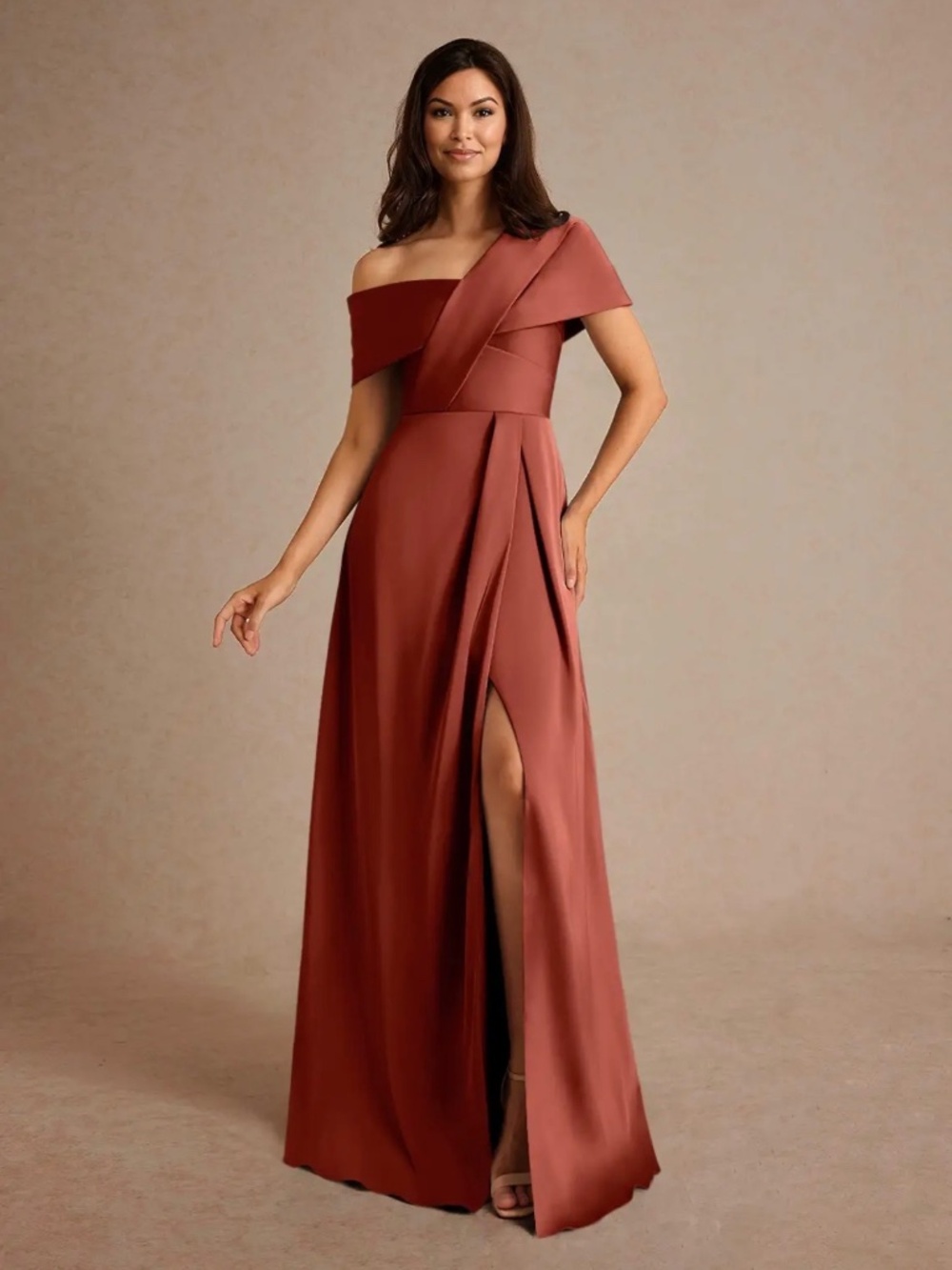 Azazie Milton Terracotta A-Line Pleated Stretch Satin Dress